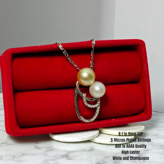 New Arrival! 8.1 to 9mm Authentic White and Champagne Color South Sea Pearls Pendant in 5 Micron Plated Settings