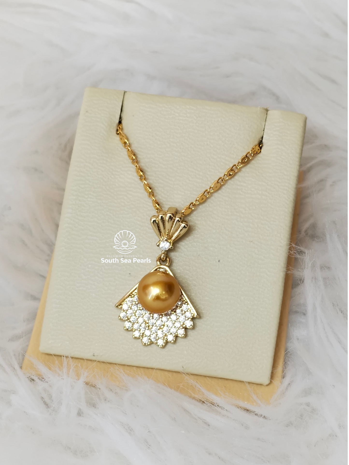 8.4mm Palawan Authentic Deep Golden Color South Sea Pearl Pendant in 5 Micron Plated Settings
