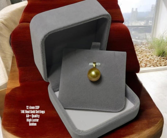 New Arrival! 12.4mm SSP Authentic Golden Color South Sea Pearl Pendant in 14k Real Gold Settings