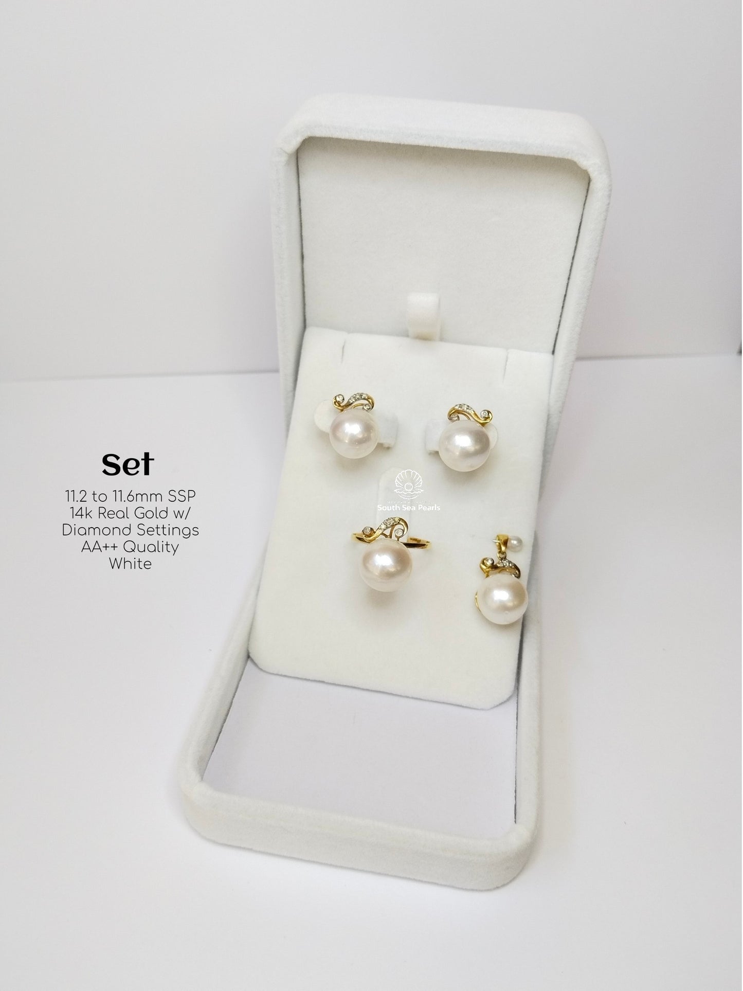 11.2mm to 11.6mm Palawan Authentic White Color South Sea Pearl in 14k Real Gold and Diamonds