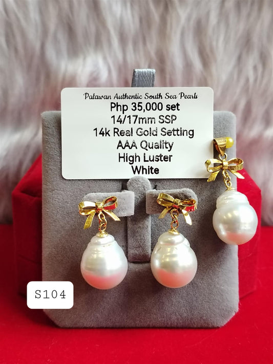 14/17mm Authentic White Baroque South Sea Pearls Set in 14K Gold Settings
