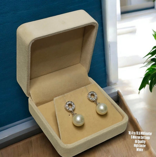 New Arrival! 10.4 to 10.6mm Authentic White South Sea Pearl Earring in 5 Micron Settings