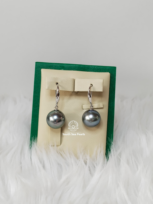 12.3mm to 12.6mm Palawan Authentic Platinum Gray Color South Sea Pearls Earrings in S925 Settings