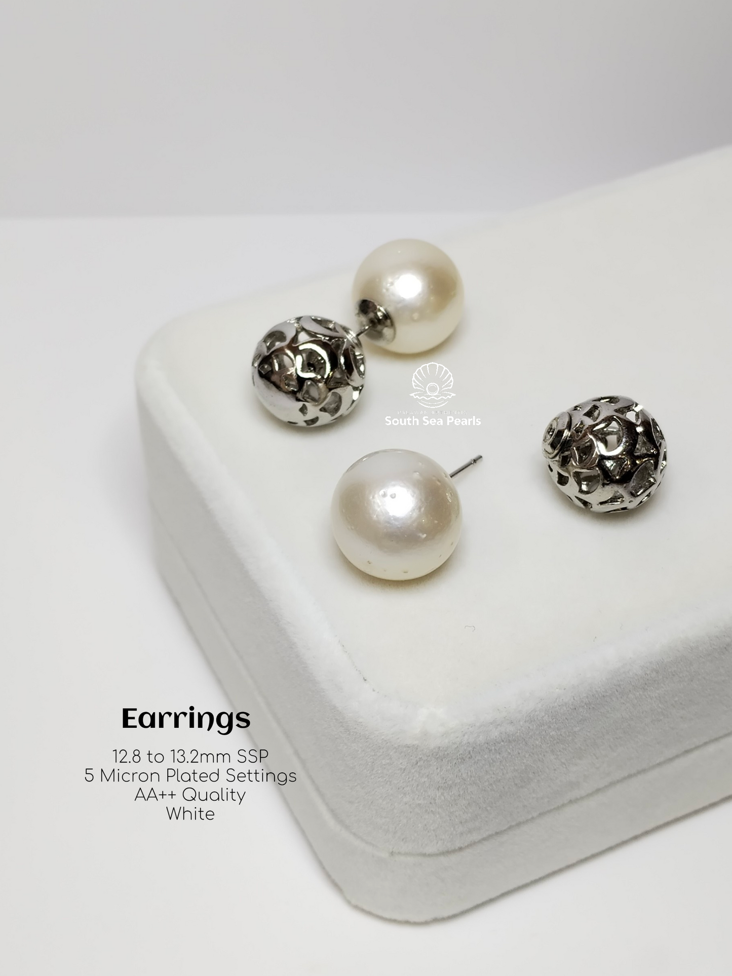 12.8mm to 13.2mm Palawan Authentic White Color South Sea Pearl Special Design in 5 Micron Plated Settings