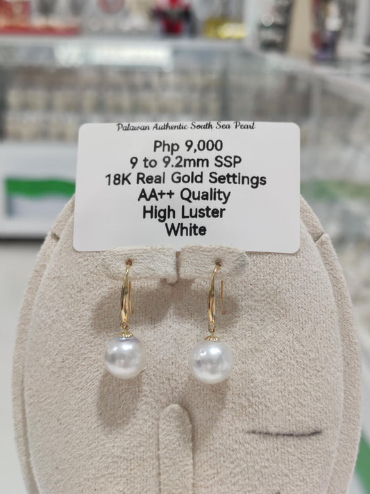 9mm to 9.2mm Authentic White South Sea Pearls in 18k Real Gold Settings