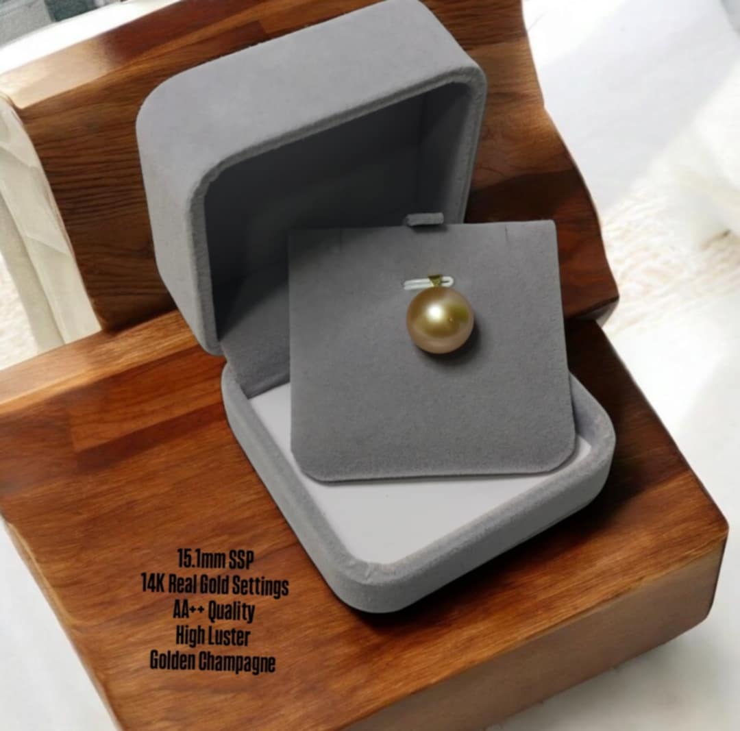 New Arrival! 15.1mm SSP Authentic Golden Champagne Color South Sea Pearl Pendant in 14k Real Gold Settings