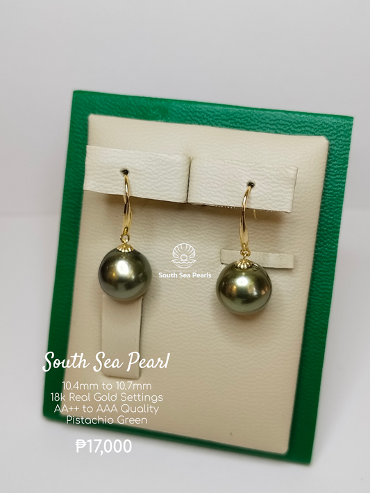 10.4mm to 10.7mm Palawan Authentic Pistachio Green Color South Sea Pearl Earrings in 18k Real Gold Settings