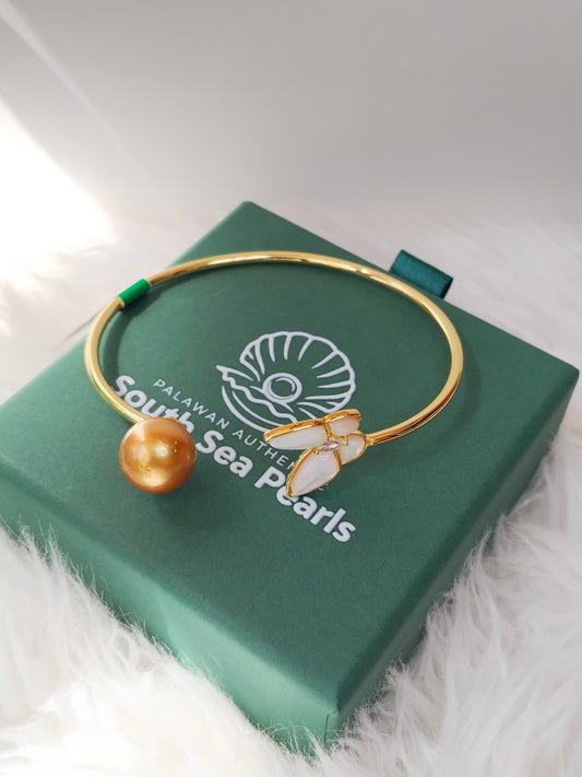 12mm Palawan Authentic Deep Golden Color South Sea Pearl Bangle in 5 Micron Plated Settings