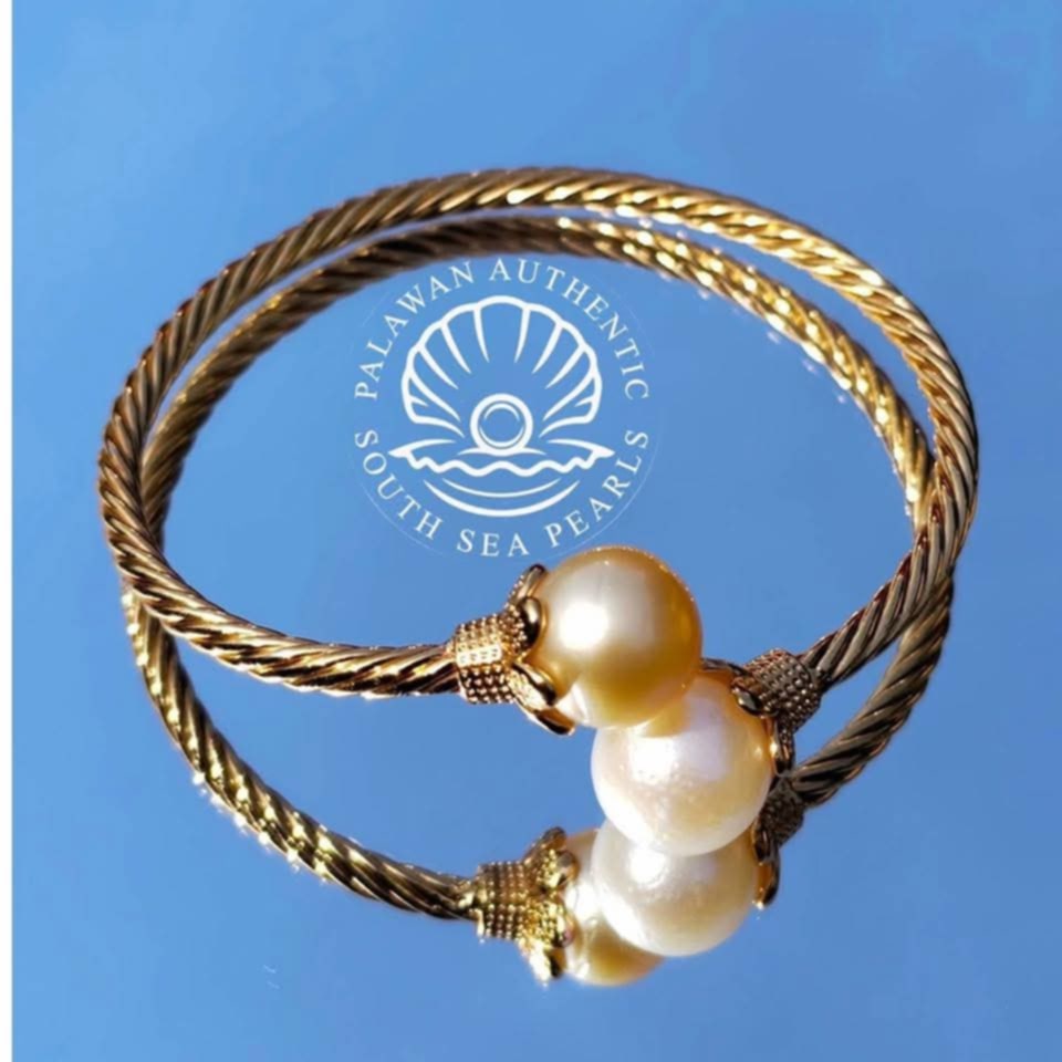 10.2 to 11.2mm Palawan Authentic Cream and Champagne Color South Sea Pearl Bangle in 5 Micron Plated Settings