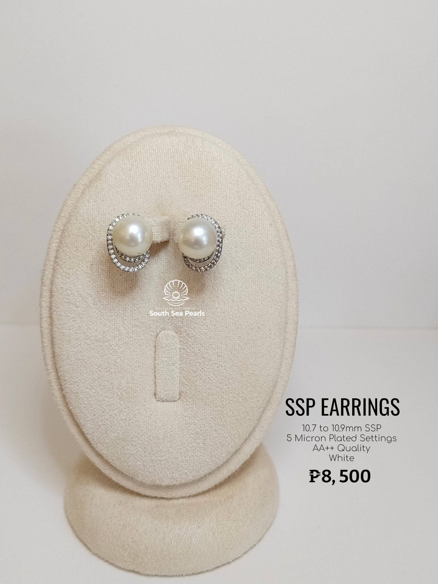 10.7mm to 10.9mm Palawan Authentic White Color South Sea Pearl Earrings in 5 Micron Plated Settings