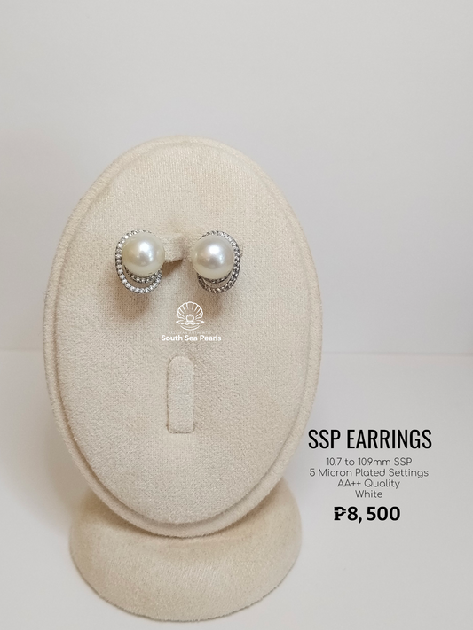10.7mm to 10.9mm Palawan Authentic White Color South Sea Pearl Earrings in 5 Micron Plated Settings