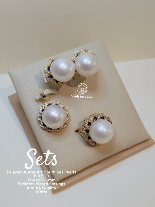 13.4 to 13.6mm Authentic White South Sea Pearl Set in 5 Micron Settings