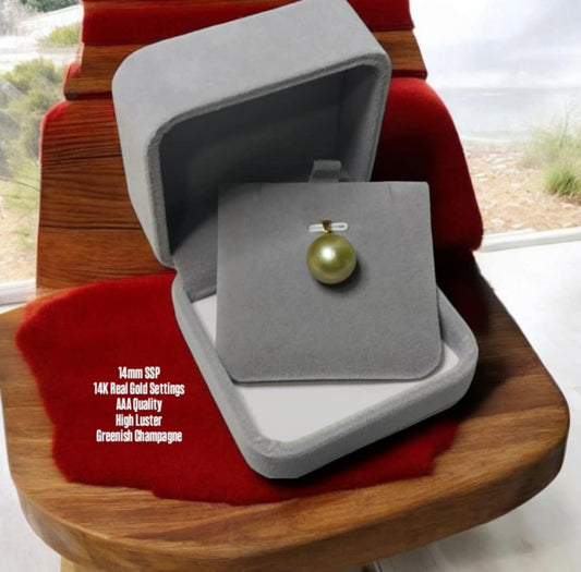 New Arrival! 14mm SSP Authentic Greenish Champagne Color South Sea Pearl Pendant in 14k Real Gold Settings