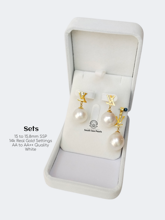 15mm to 15.8mm Palawan Authentic White Color South Sea Pearl Sets in 14k Real Gold Settings