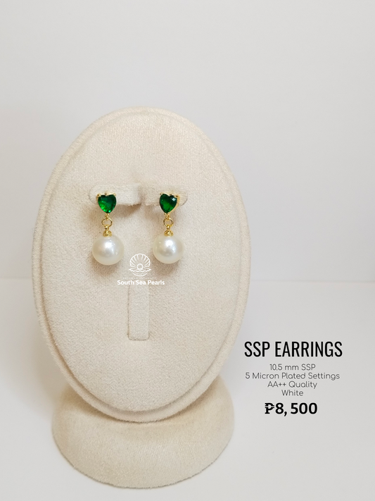 10.5mm Palawan Authentic White Color South Sea Pearl Earrings in 5 Micron Plated Settings