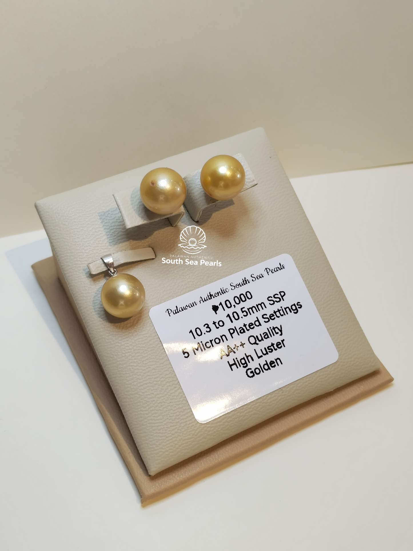 10.3 to 10.5mm Palawan Authentic Golden Color South Sea Pearl Sets in 5 Micron Plated Settings