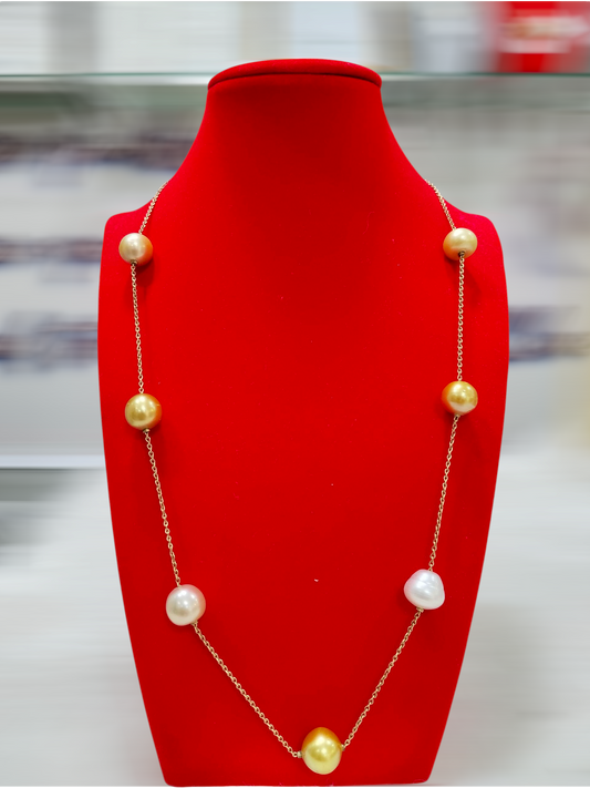 12mm to 13.5mm Multi Color South Sea Pearls Station Necklace in 10K Gold