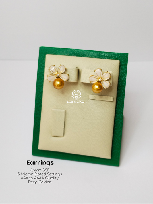 6.6mm Palawan Authentic Deep Golden Color South Sea Pearl Earrings in 5 Micron Plated Settings