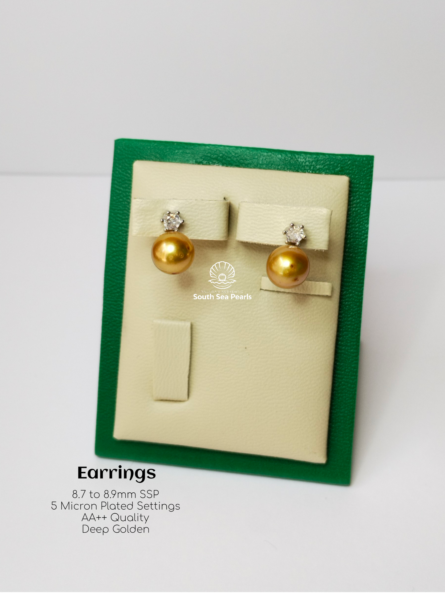 8.7mm to 8.9mm Palawan Authentic Deep Golden Color South Sea Pearl Earrings in 5 Micron Plated Settings