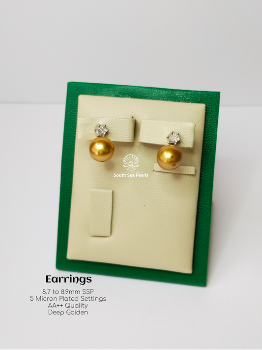 8.7mm to 8.9mm Palawan Authentic Deep Golden Color South Sea Pearl Earrings in 5 Micron Plated Settings