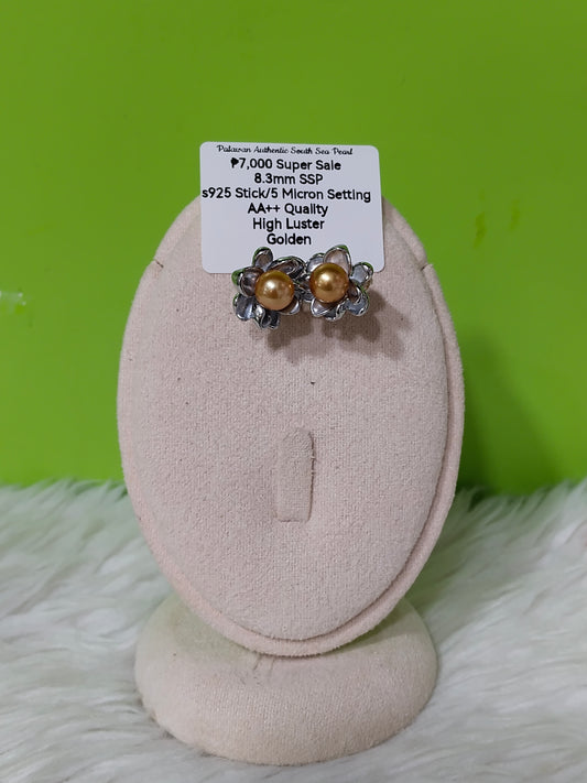 New Arrival! 8.3mm Authentic Golden South Sea Pearl Earring in S925 Stick and 5 Micron Plated Settings