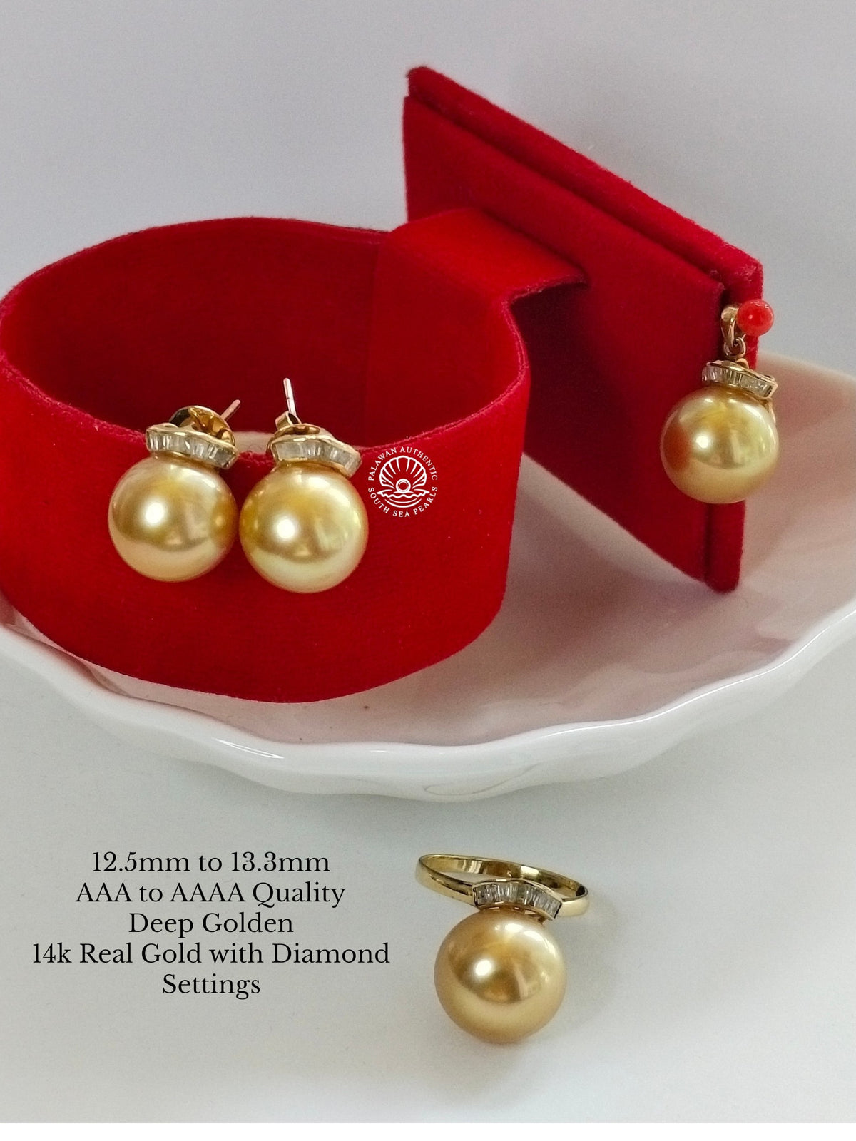 12.5mm to 13.3mm Palawan Authentic Deep Golden Color South Sea Pearl in 14k Real Gold and Diamonds