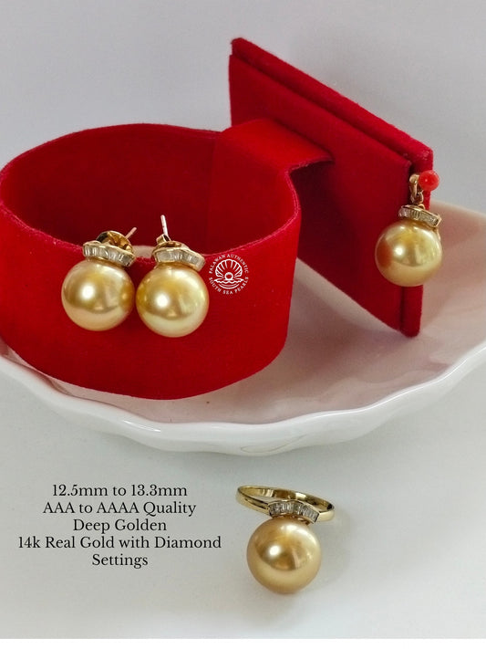 12.5mm to 13.3mm Palawan Authentic Deep Golden Color South Sea Pearl in 14k Real Gold and Diamonds