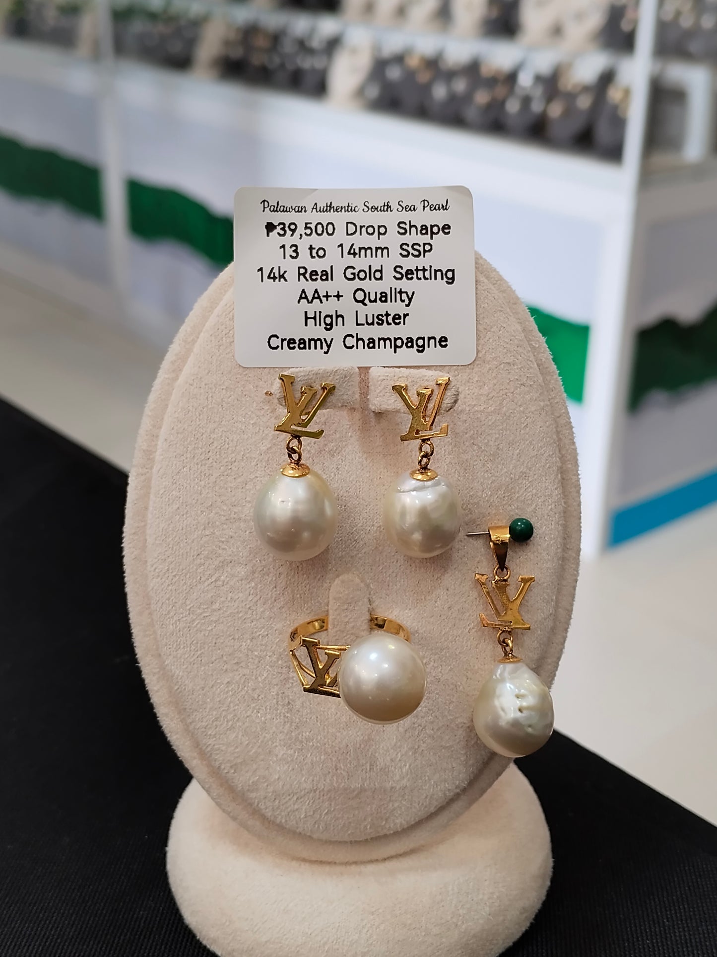 13mm to 14mm Authentic Creamy Champagne Color South Sea Pearl Special Design in 14k Real Gold Settings