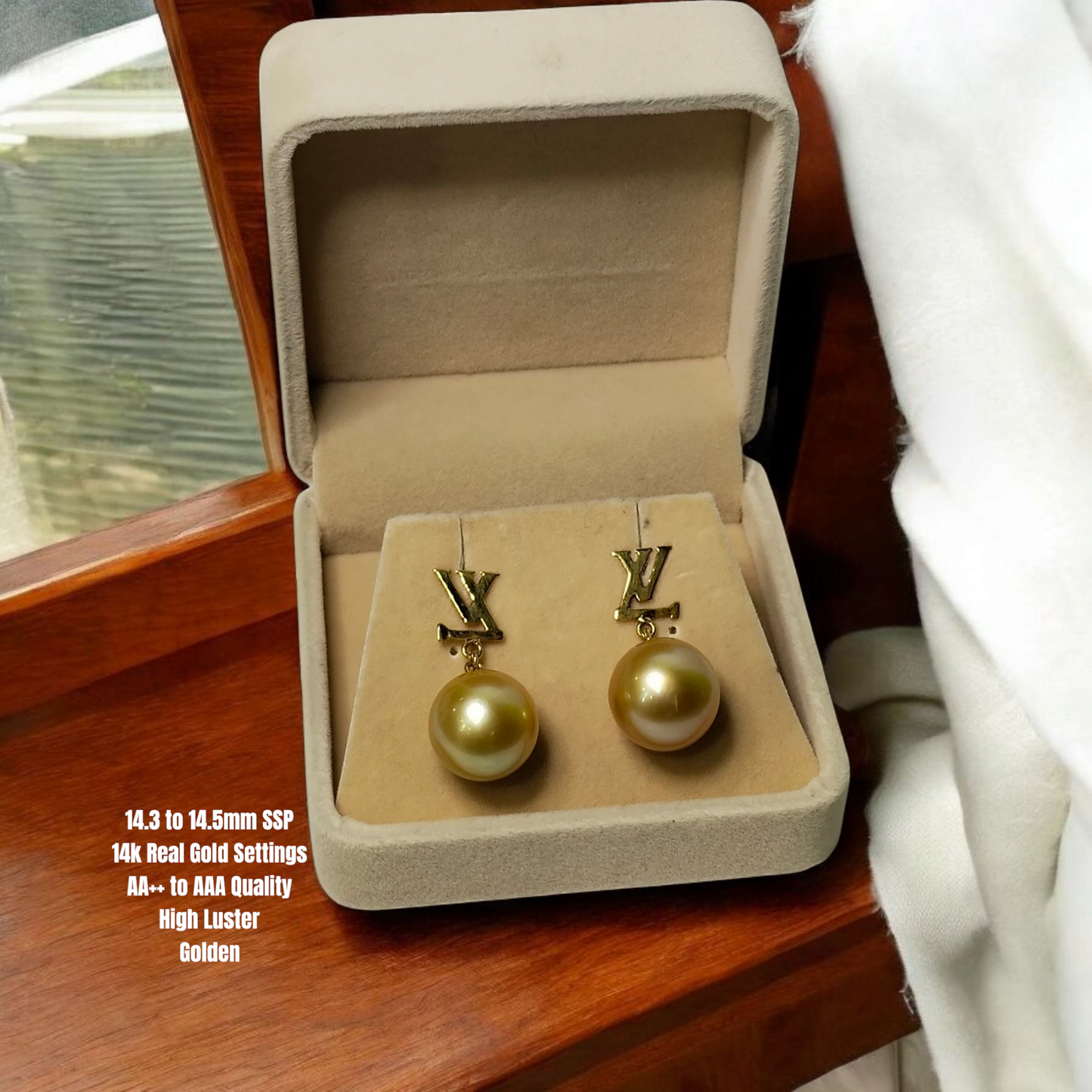 New Arrival! 14.3 to 14.5mm Authentic Golden Color South Sea Pearls Earrings in 14K Gold Settings