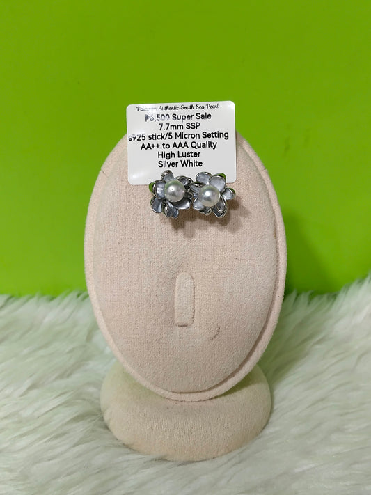 New Arrival! 7.7mm Authentic Silver White South Sea Pearl Earring in S925 Stick and 5 Micron Plated Settings