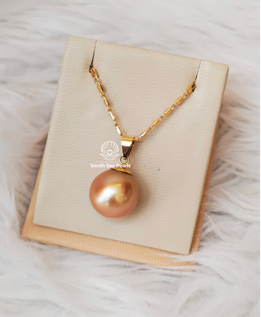 13.5mm Palawan Authentic Golden Color South Sea Pearl Pendant in 14k Real Gold Settings