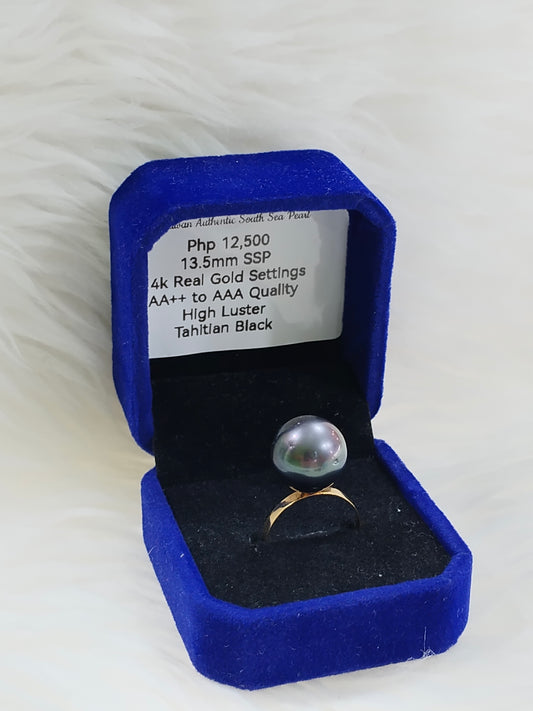 13.5mm Authentic Tahitian Black Color South Sea Pearl Rings in 14k Real Gold Settings