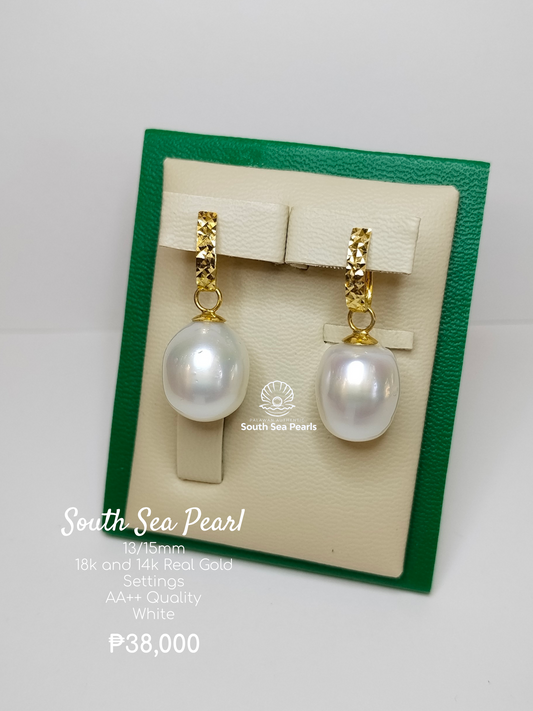 13/15mm Palawan Authentic White Color South Sea Pearl Earrings in 14k and 18k Real Gold Settings