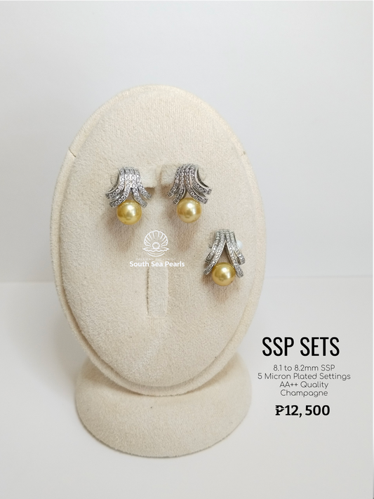 8.1mm to 8.2mm Palawan Authentic Champagne Color South Sea Pearl Sets in 5 Micron Plated Settings