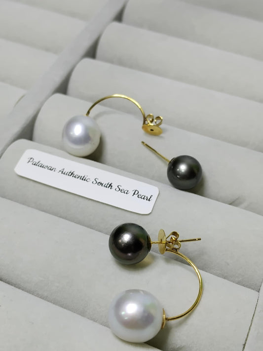 New Arrival! 9.7mm to 11mm Authentic White and Tahitian Black Color South Sea Pearl Earrings in 14k Real Gold Settings
