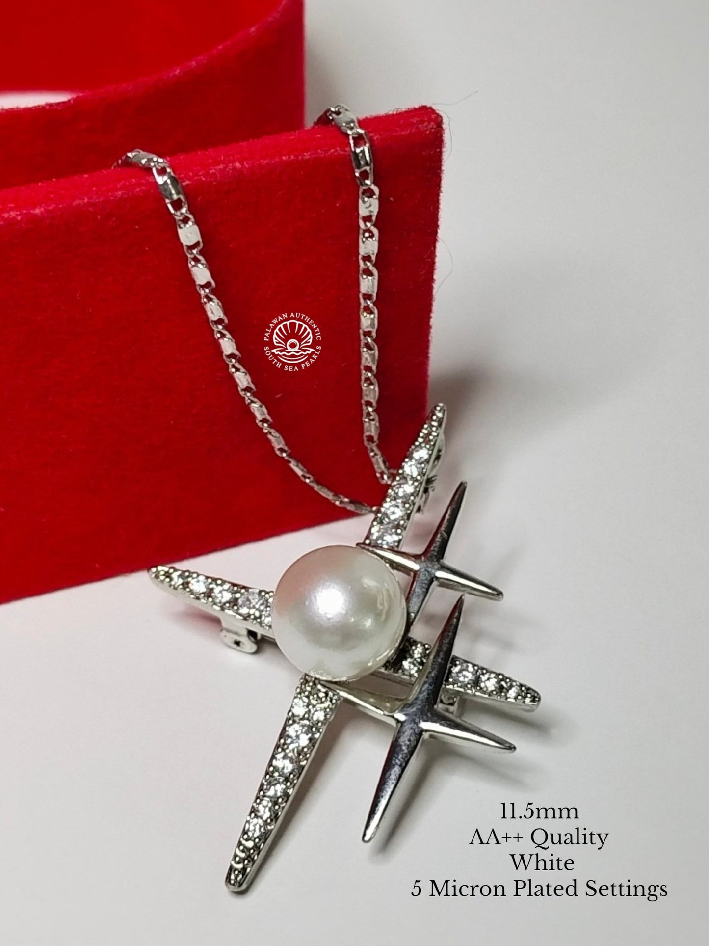 11.5mm Palawan Authentic White Color South Sea Pearl Brooch in 5 Micron Plated Settings