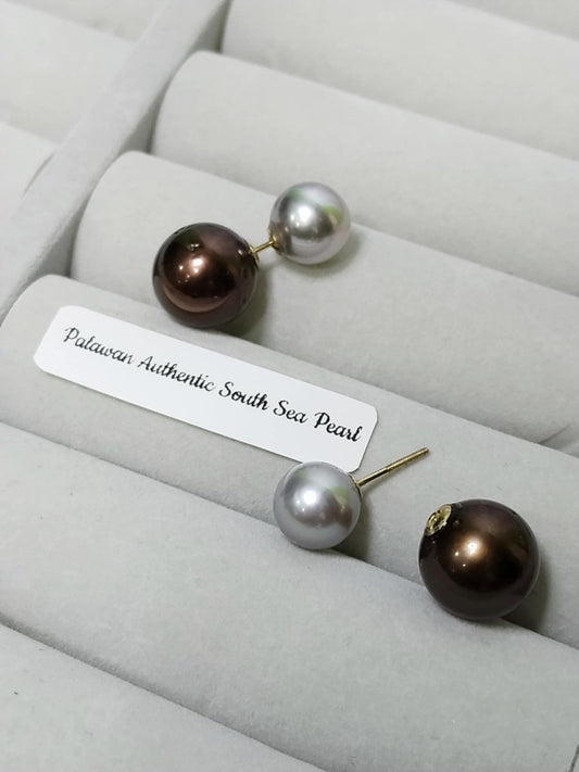 New Arrival! 9.9mm to 12.5mm Authentic Bluish and Choco Brown Color South Sea Pearl Earrings in 14k Real Gold Settings