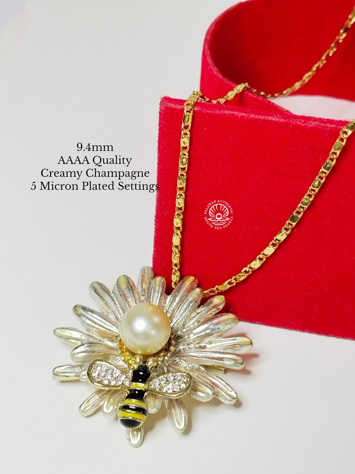 9.4mm Palawan Authentic Creamy Champagne Color South Sea Pearl Brooch in 5 Micron Plated Settings