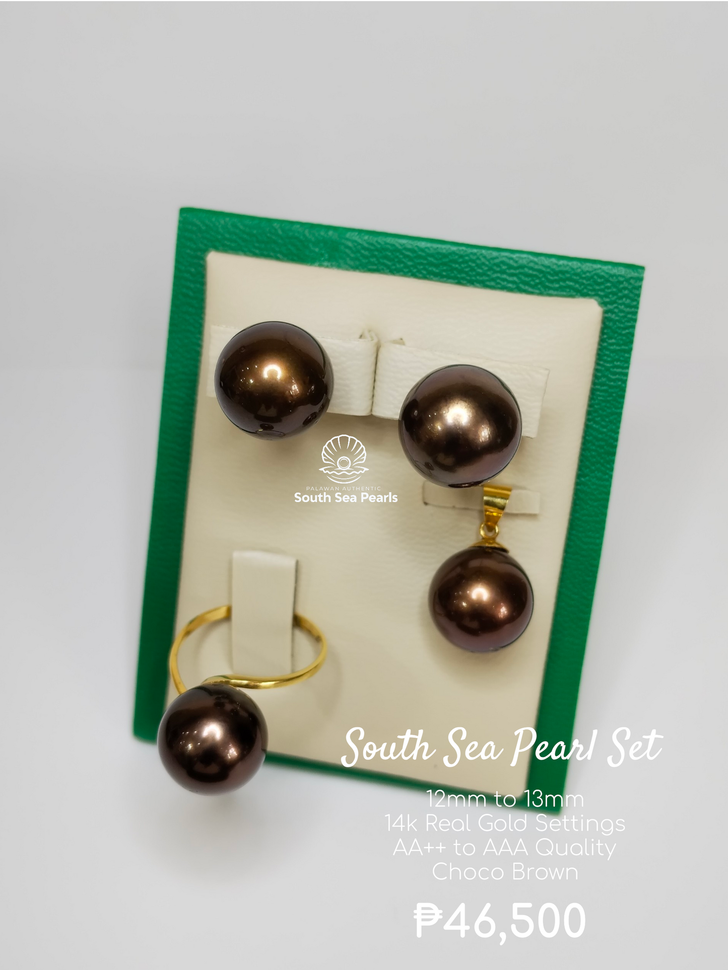 12mm to 13mm Palawan Authentic Choco Brown Color South Sea Pearl Sets in 14k Real Gold Settings