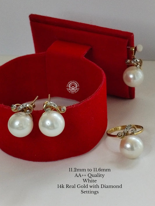 11.2mm to 11.6mm Palawan Authentic White Color South Sea Pearl in 14k Real Gold and Diamonds