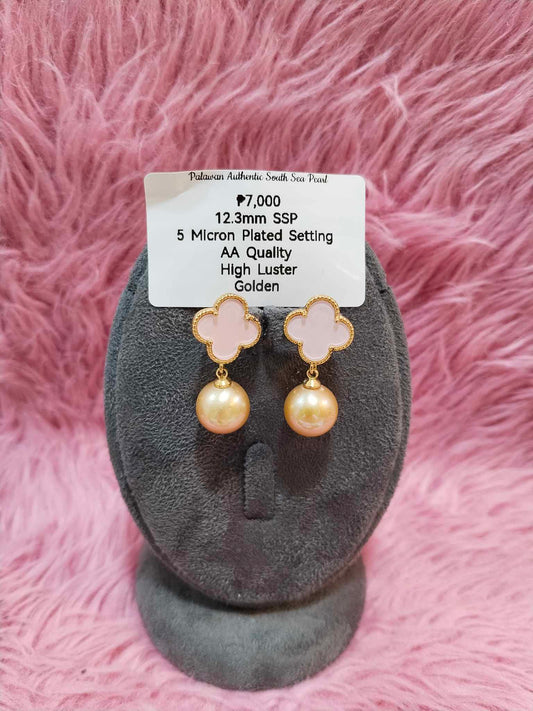 12.3mm Authentic South Sea Pearls Golden Special Design Earrings Set in 5 Microns Settings