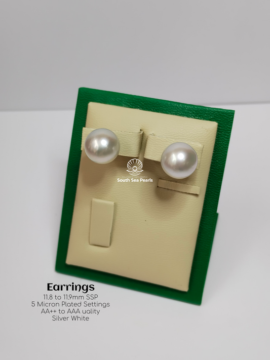 11.8mm to 11.9mm Palawan Authentic Silver White Color South Sea Pearl Earrings in 5 Micron Plated Settings
