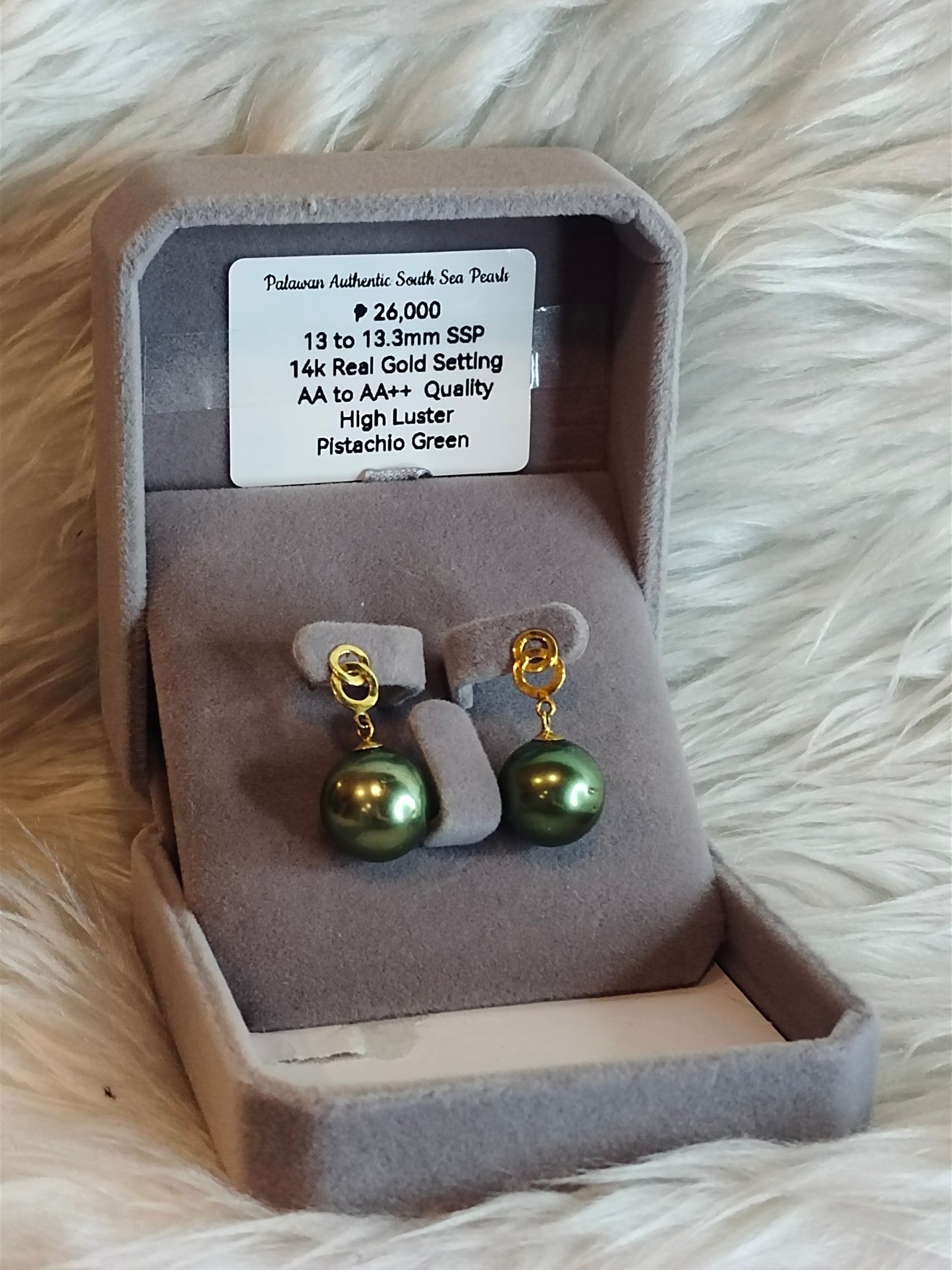 13mm to 13.3mm Authentic Pistachio Green Color South Sea Pearl Earrings in 14k Real Gold Settings
