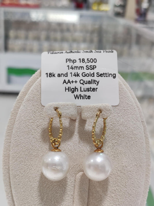 14mm Authentic White South Sea Pearls Earrings in 14k & 18k Gold Settings