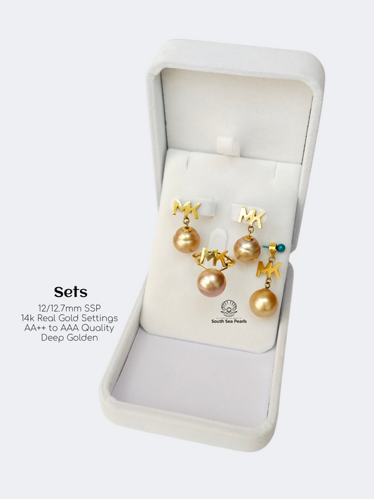 12/12.7mm Palawan Authentic Deep Golden Color South Sea Pearl Sets in 14k Real Gold Settings