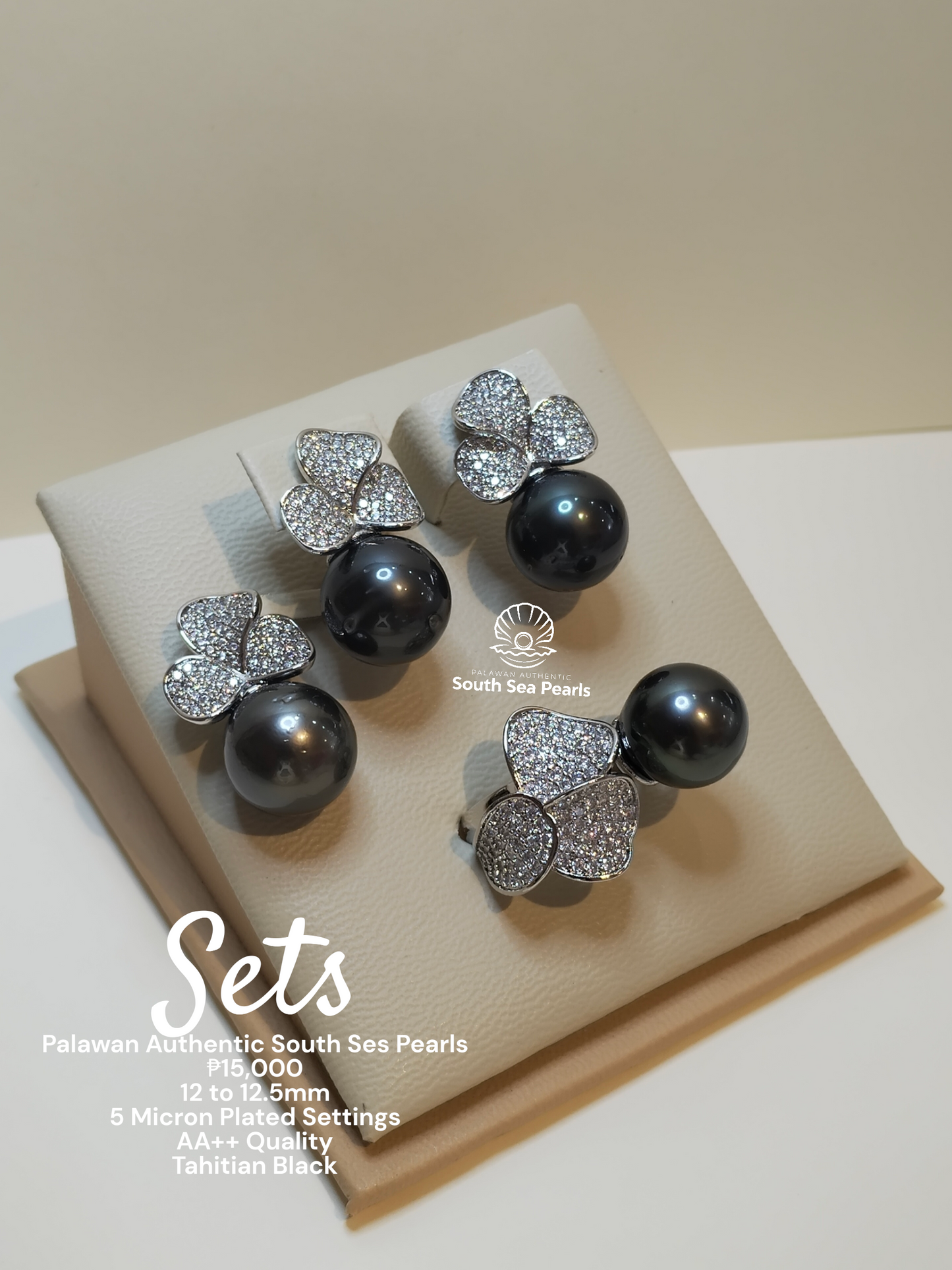 12 to 12.5mm Author Tahitian Black Color South Sea Pearl Set in 5 Micron Settings