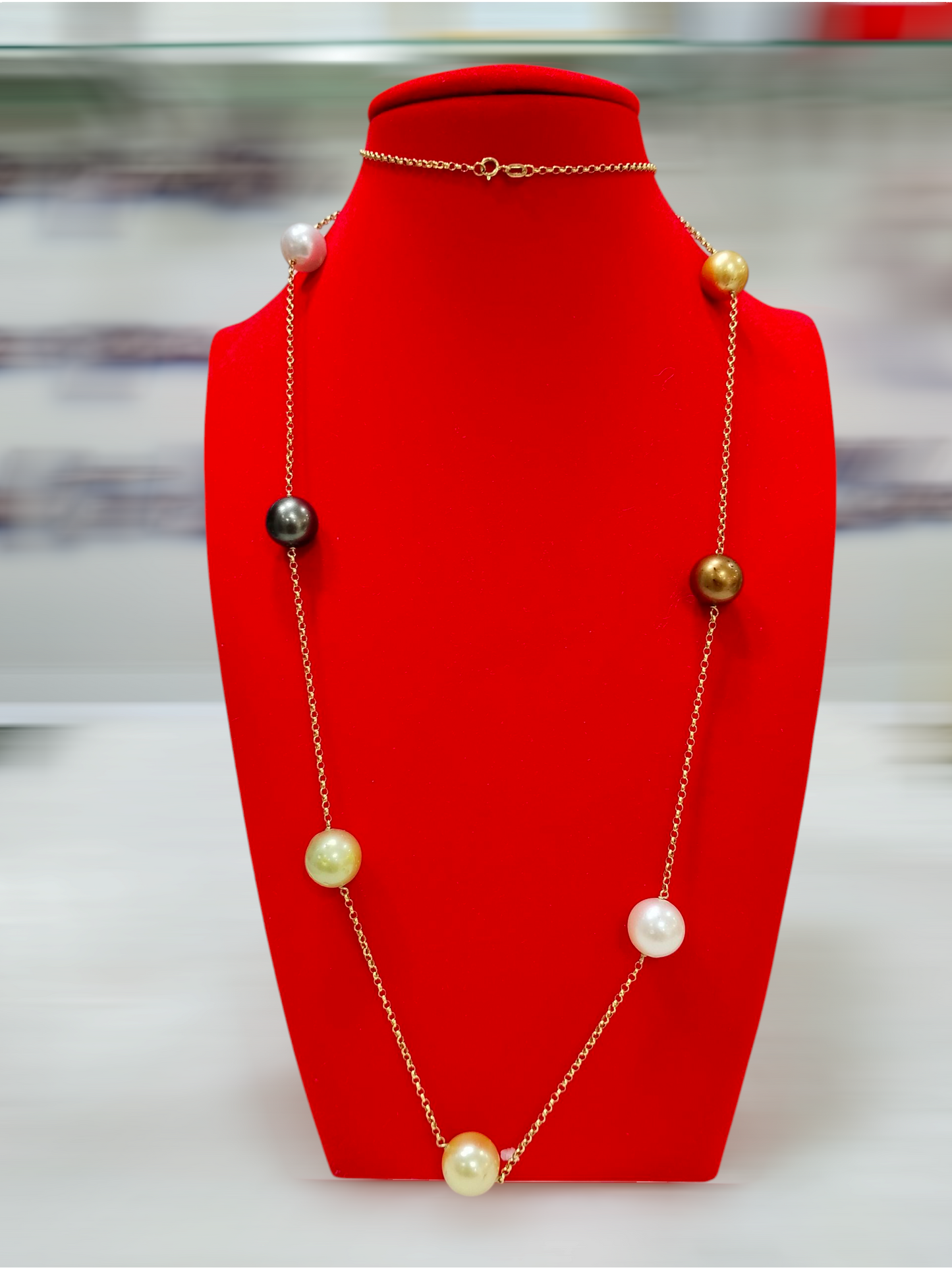 11.7mm to 13mm Authentic Multi-Color South Sea Pearl Station Necklace in 18k Real Gold Settings