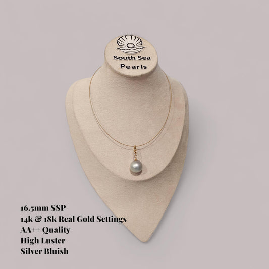 New Arrival! 16.5mm Authentic Silver Bluish Color South Sea Pearl Necklace in 14k & 18k Real Gold Settings