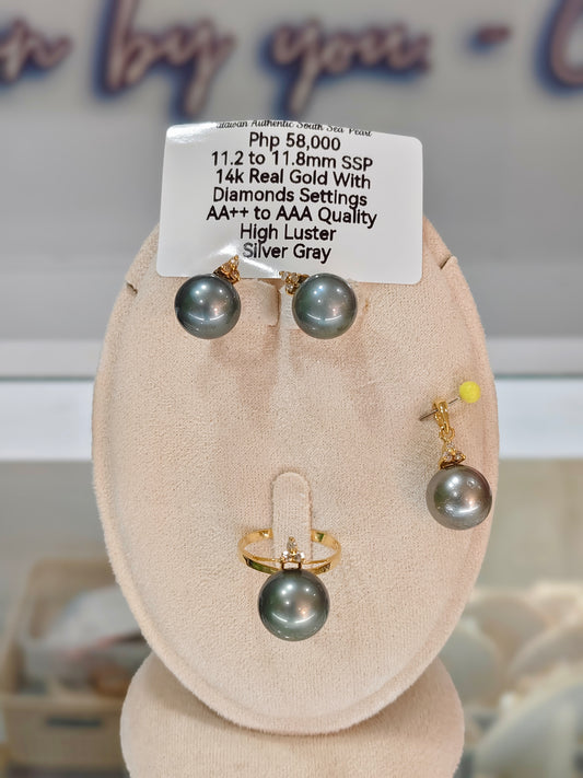 11.2mm to 11.8m Authentic Silver Gray South Sea Pearls Set in 14k Gold with Diamonds