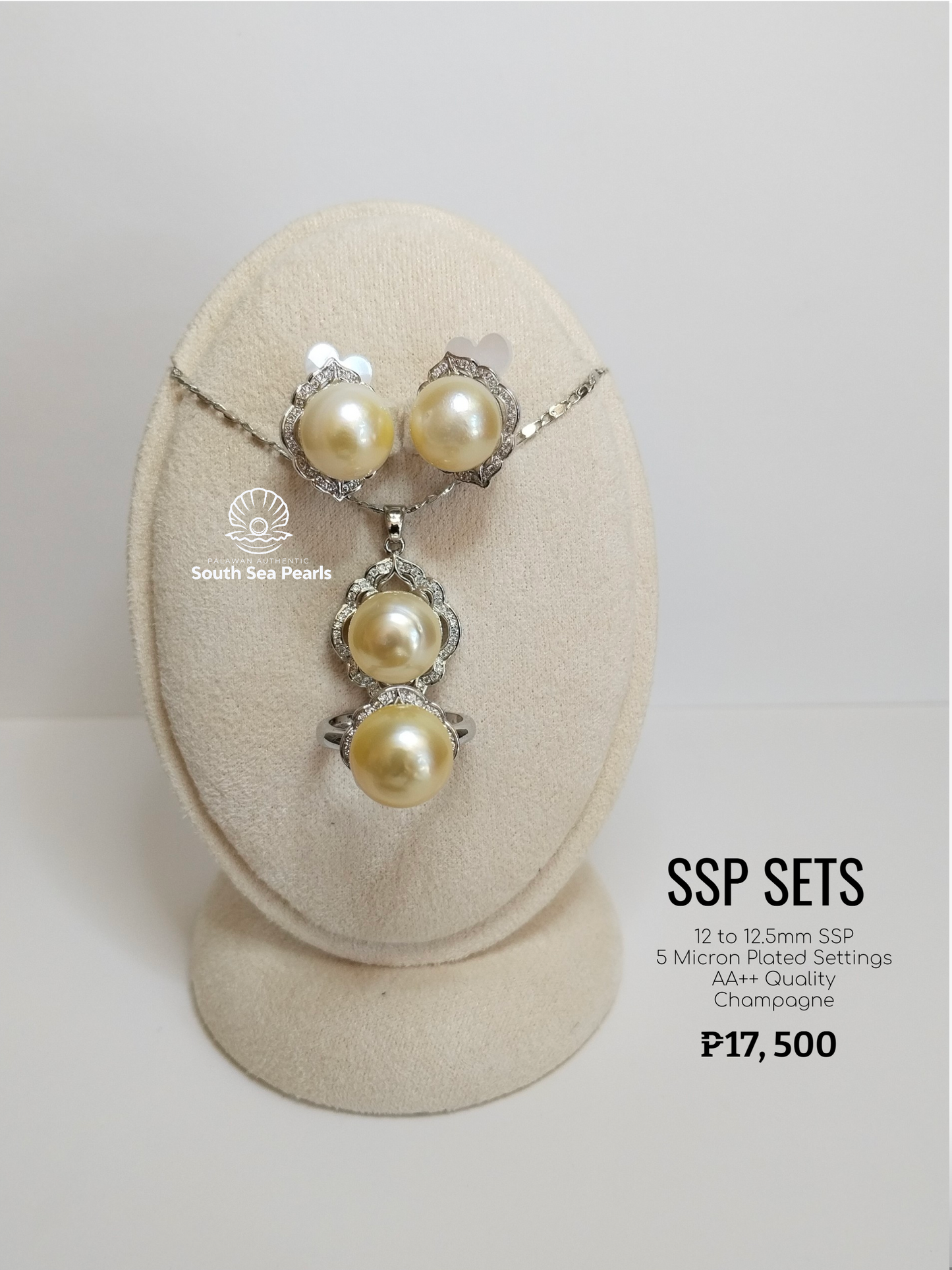 12mm to 12.5mm Palawan Authentic Champagne Color South Sea Pearl Sets in 5 Micron Plated Settings